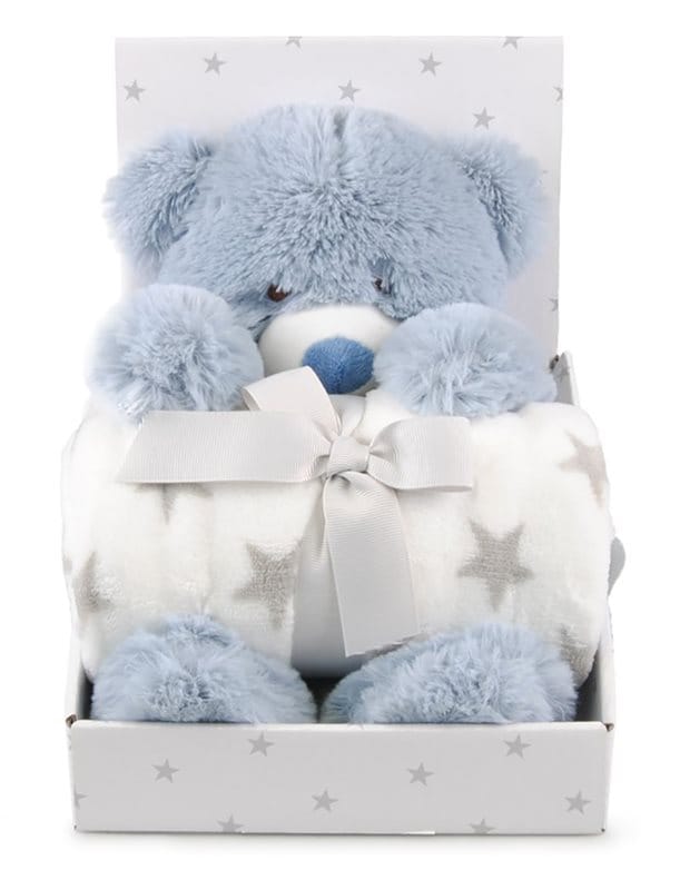 Carlobaby fleecefilt med gosedjur, nalle blå