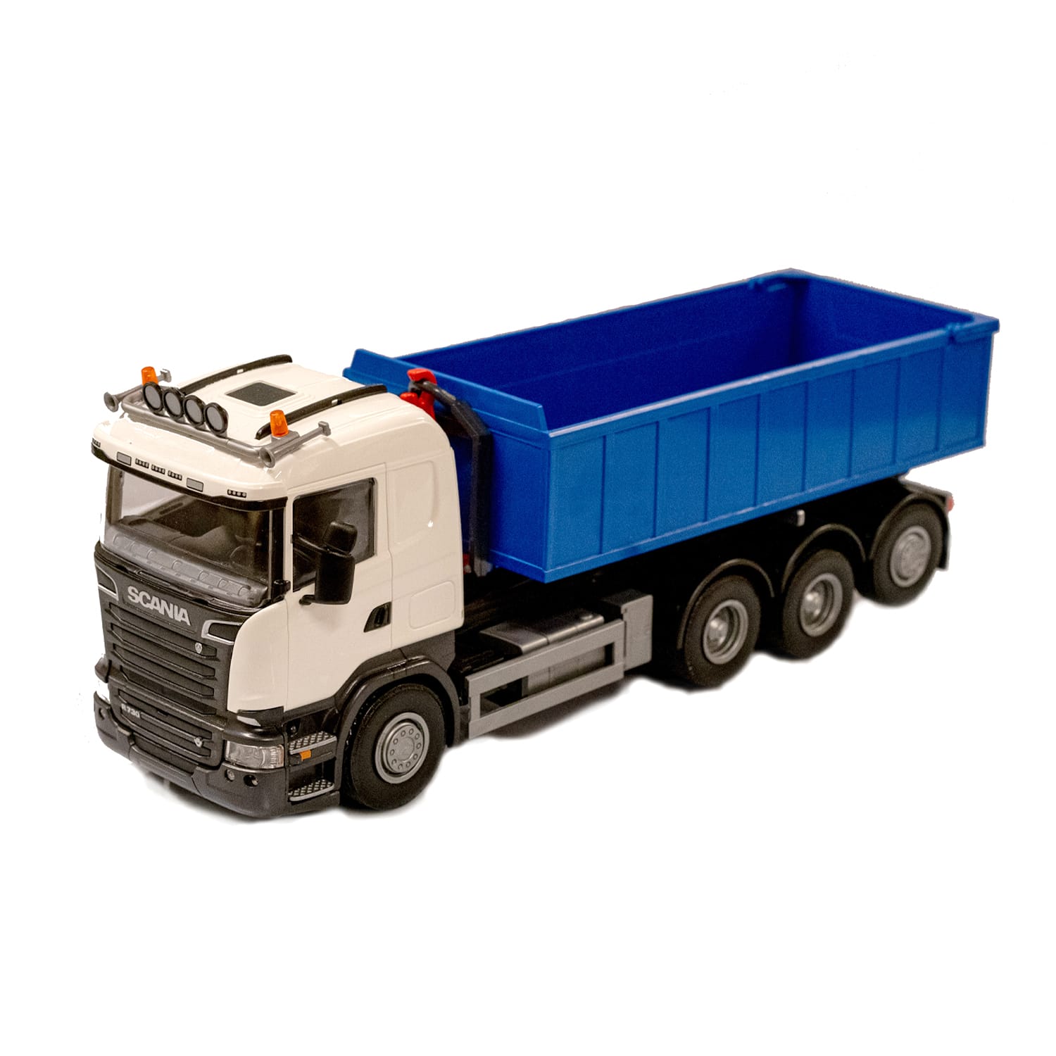 Emek leksaksbil lastbil med lyftkrok scania vit 1:25